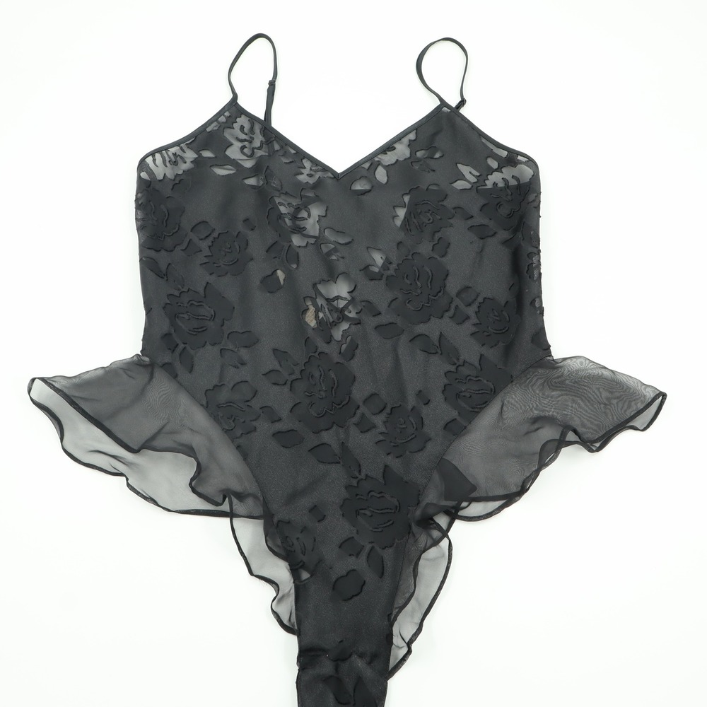 Victoria's Secret Vintage Black Floral Burnout Ruffle Lace‎ Up Bodysuit Medium